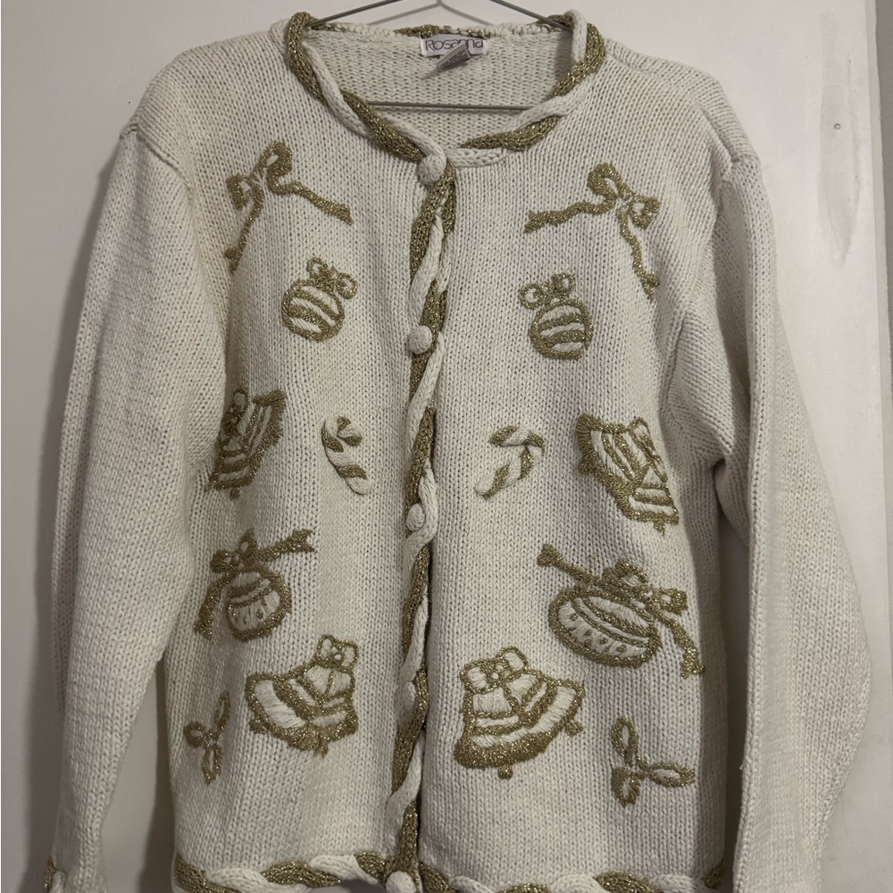 Vintage Rosanna Knit Christmas Bells Women’s Large Cardigan White and Gold